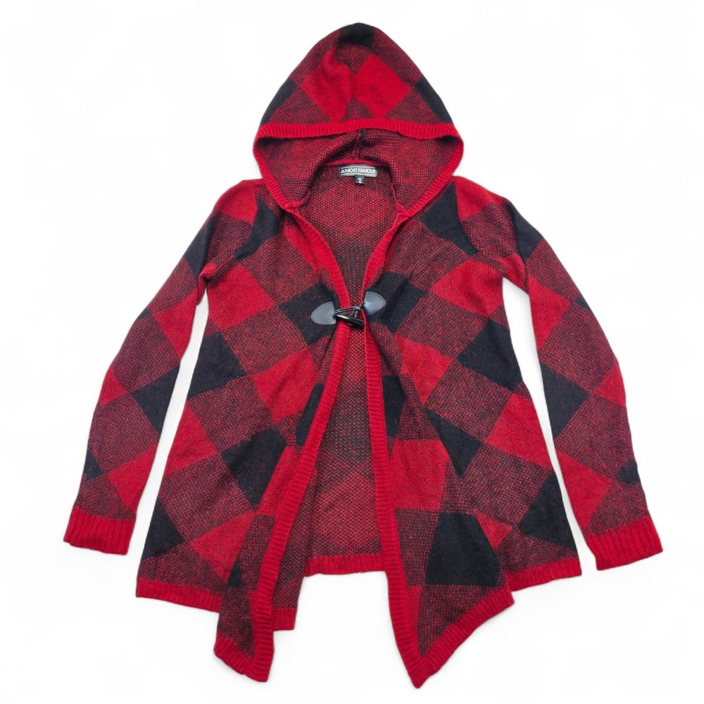 Almost Famous Red Black Buffalo Plaid Hooded Toggle Cardigan Womens Retro - Picture 1 of 9